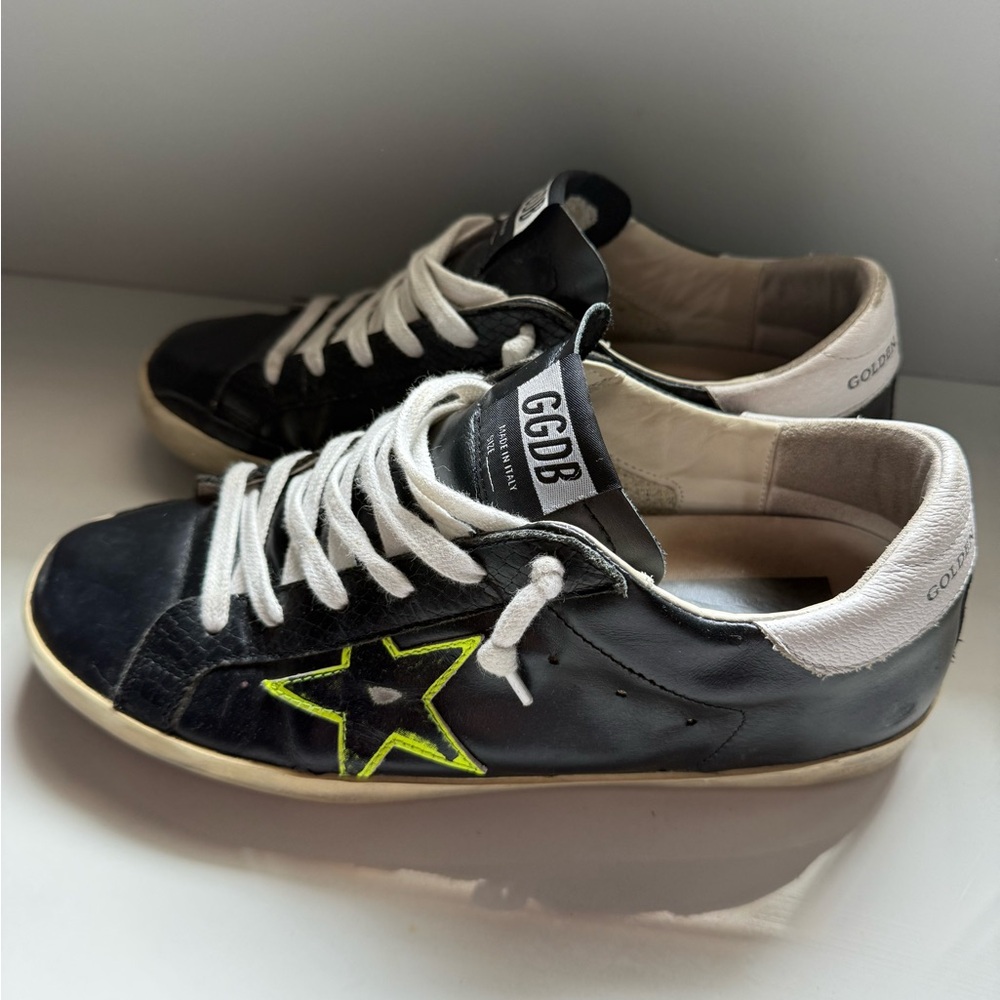 Golden Goose Black Sneakers with Neon Yellow Star!